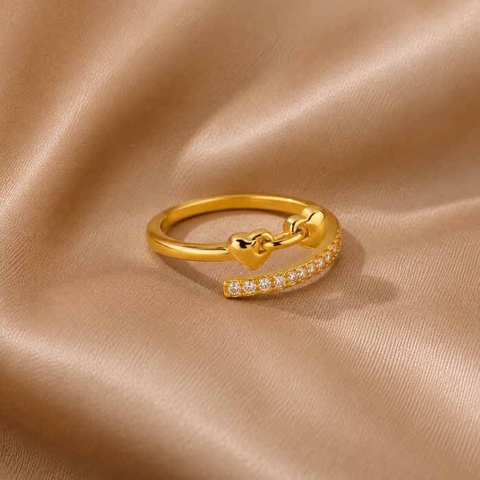 Bague Double Cœur — Zircon Doré