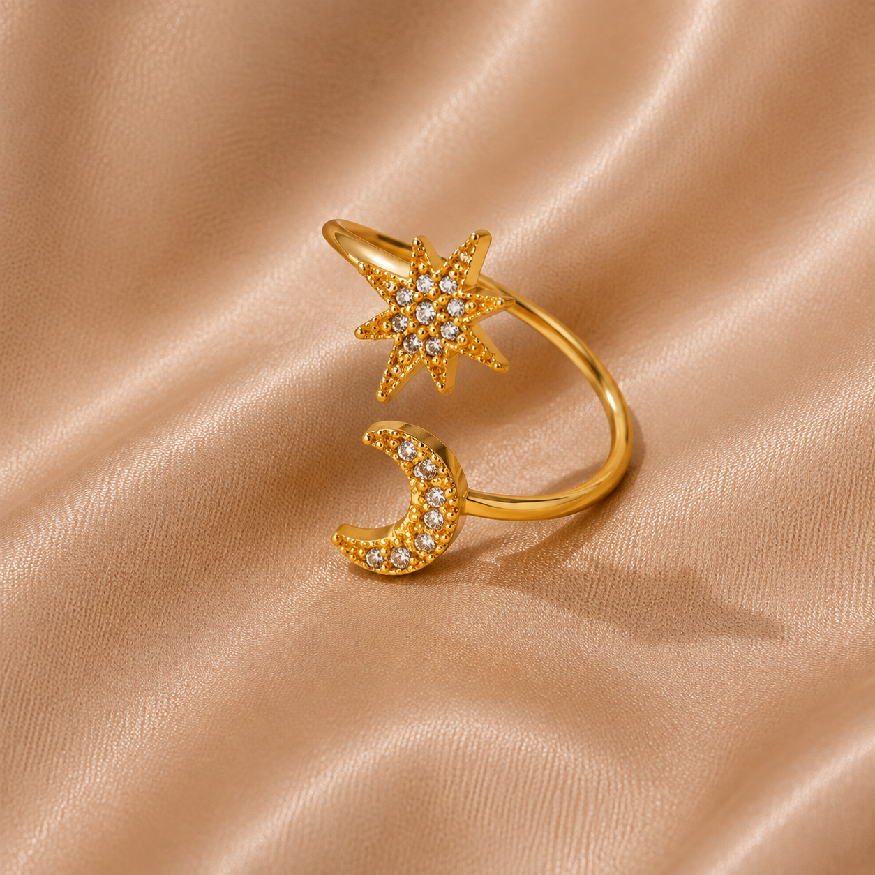 Bague Lune & Étoile — Zircon Doré